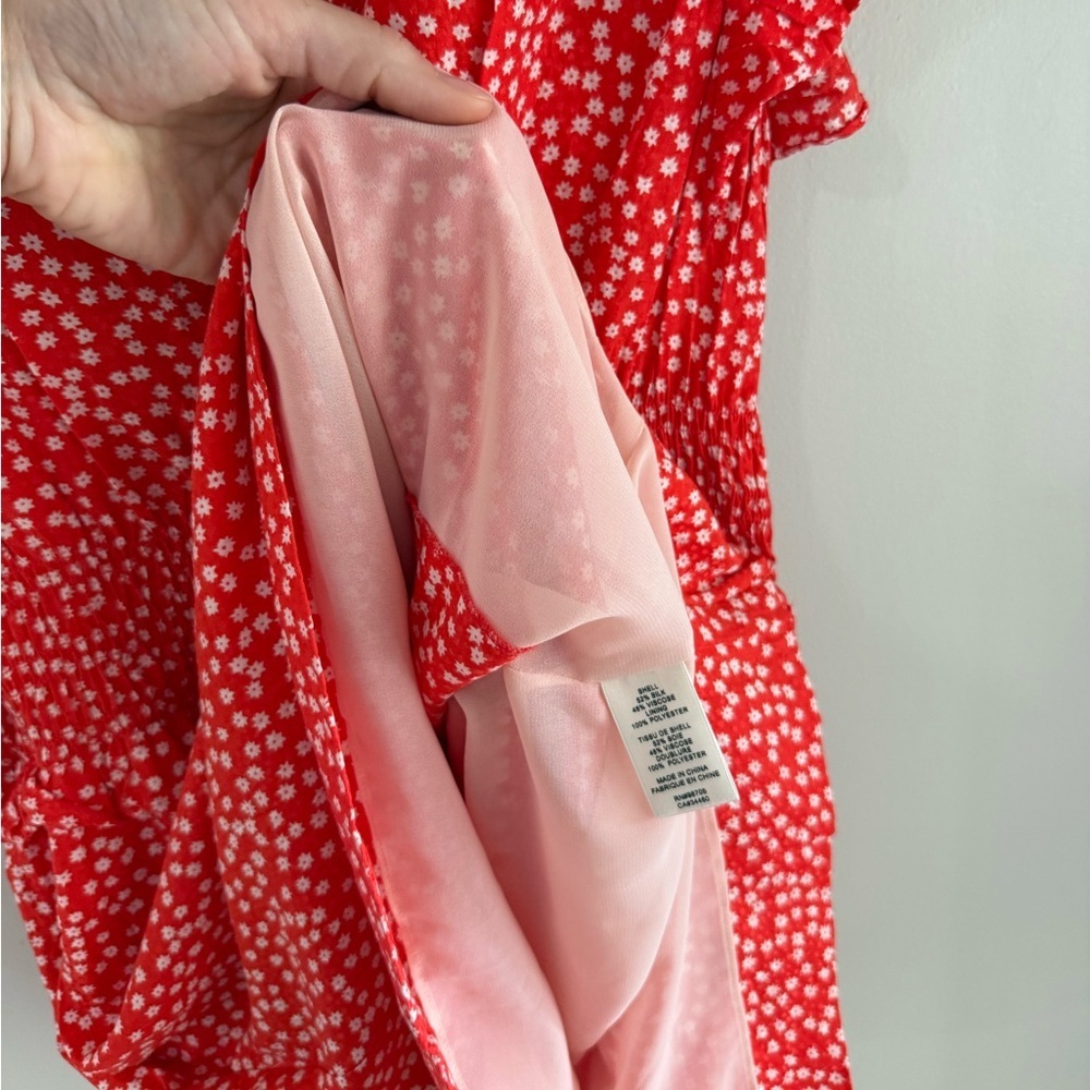 Rebecca Taylor Silk Blend Red Ditsy Floral Smocked Waist Mini Dress - Medium - Picture 6 of 8